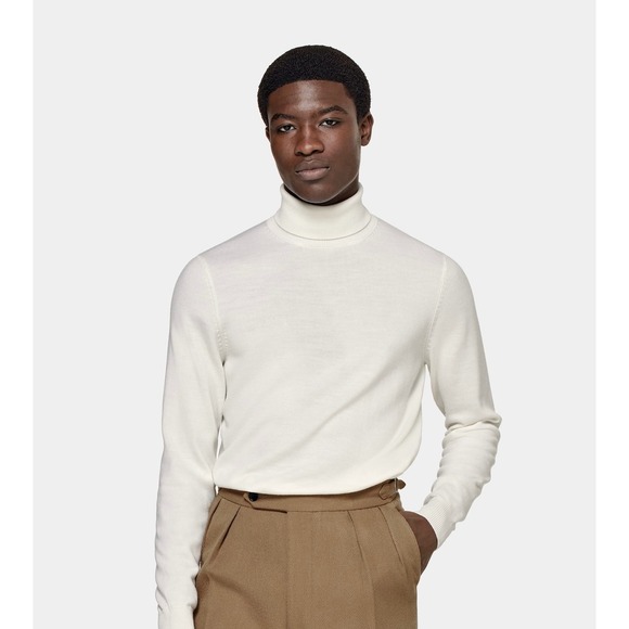 Mens M Cream Turtleneck Sweater Fine Knit Cotton Blend Lightweight Pullover Top - Picture 1 of 11